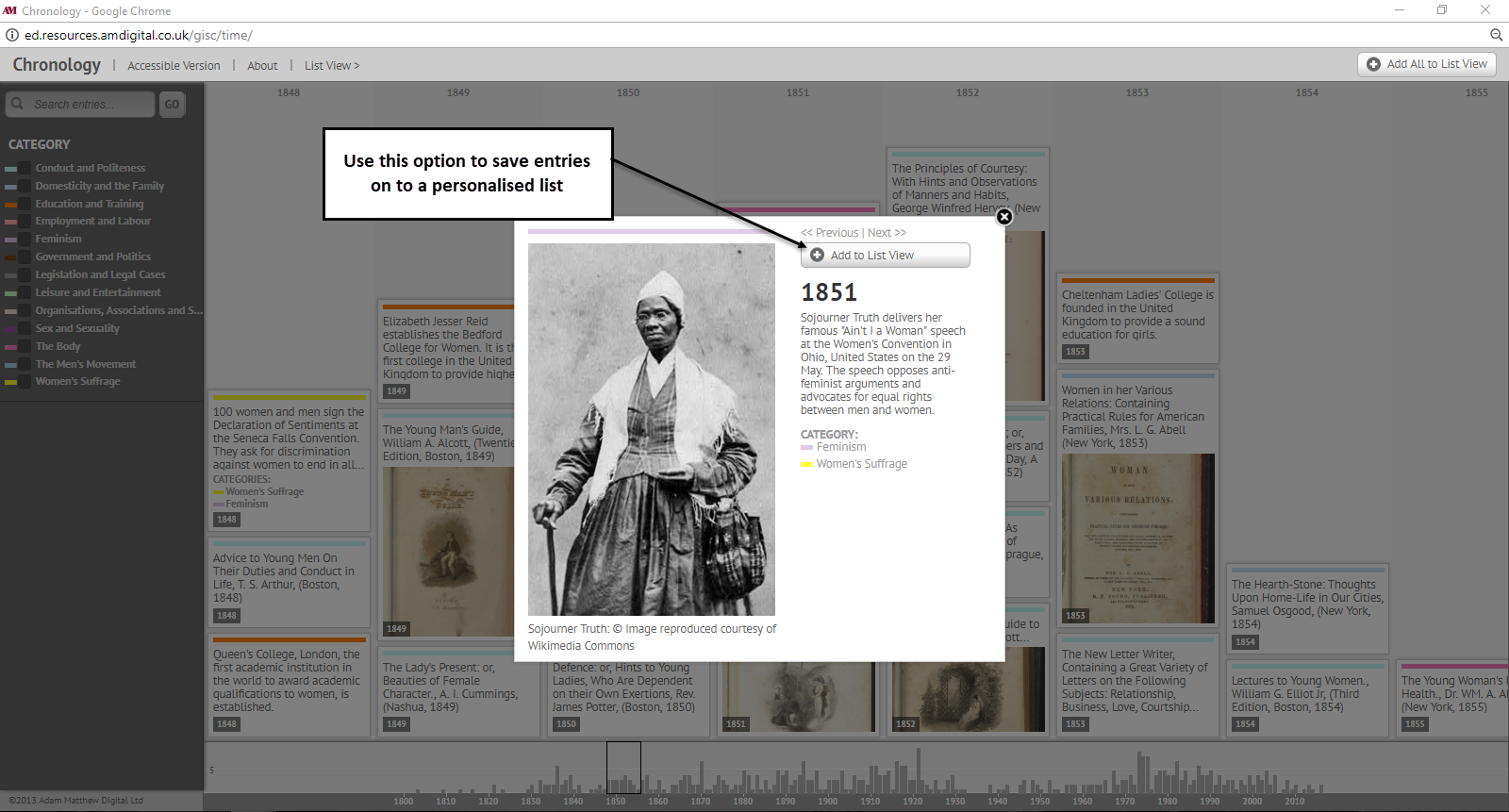 View of option to save entries on to a personalised list in the interactive chronology